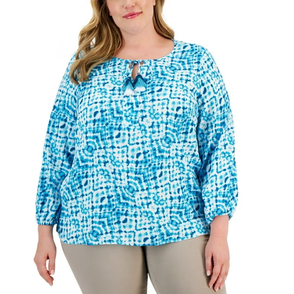 JM Collection Plus Size Printed Peasant Top Blue Combo 1X