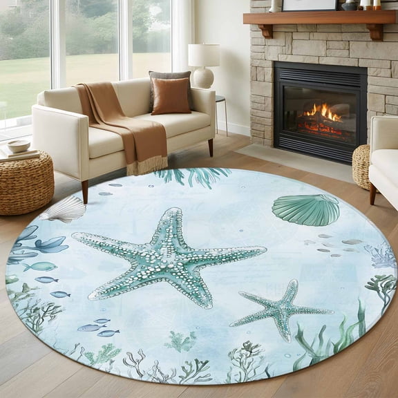 Coastal Starfish Round Rug 5ft Washable Circle Kitchen Rugs Non Slip Nautical Coral Tropical Fish Seashells Large Area Rug Indoor Floor Carpet for Bedroom Living Room Home Office Dining Room Nursery