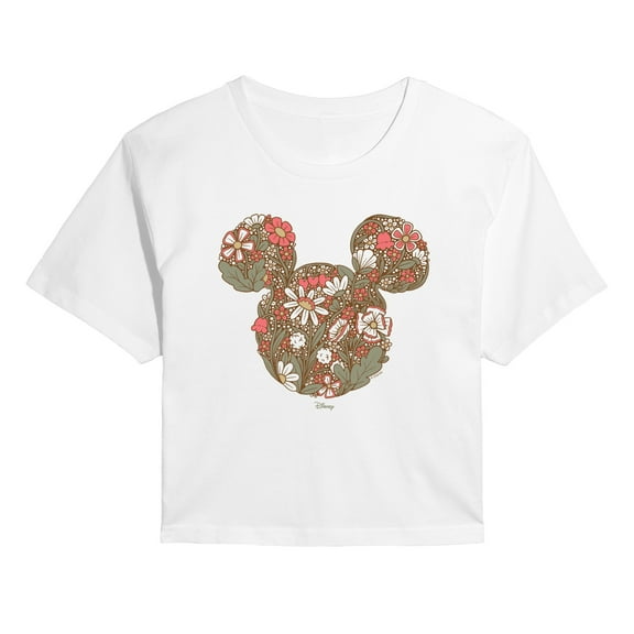 Disney - Floral Mickey Ears - Juniors Cropped Short Sleeve Graphic T-Shirt