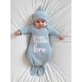 thumbnail image 4 of BemeyourBBs Newborn Baby Boy Little Bro Outfit Waffle Knit Baby Sleepsacks Sleep Bag Knotted Gown and Hat Set Stripe Letter Embroidery Long Sleeve Sleepwear, 4 of 9