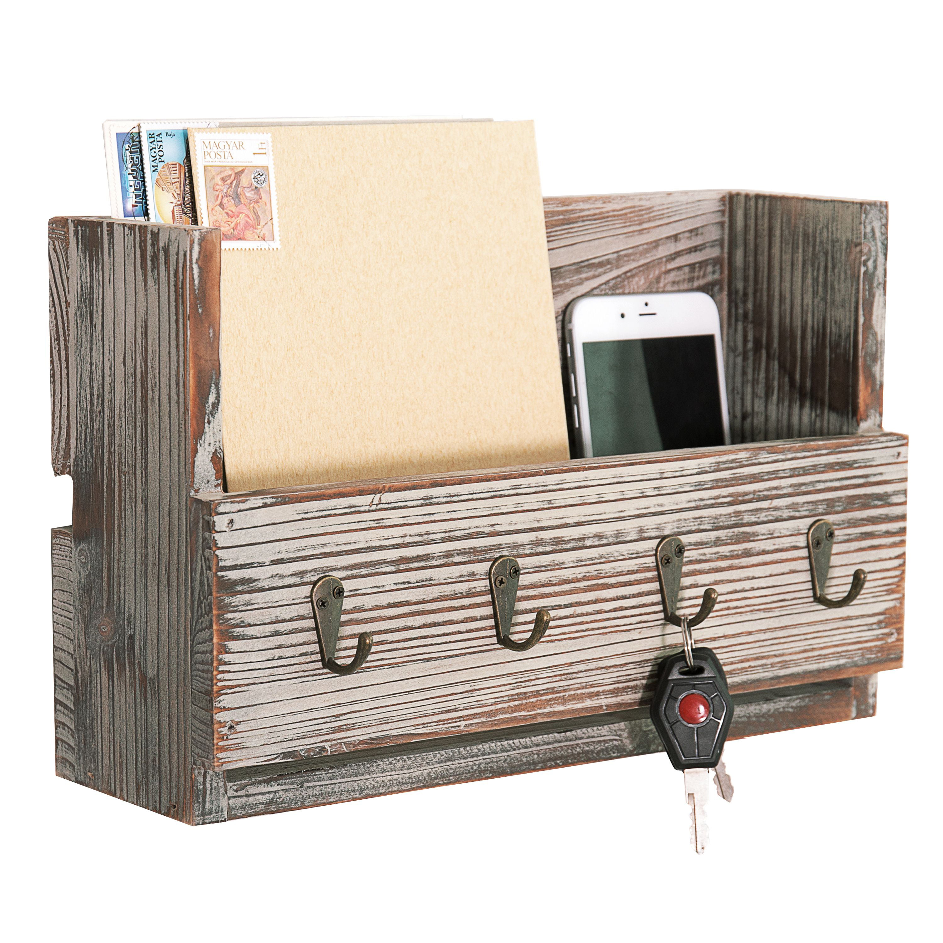 Rustic Gray Wood Wall Mounted Mail Holder Organizer with 4 Key Hooks 