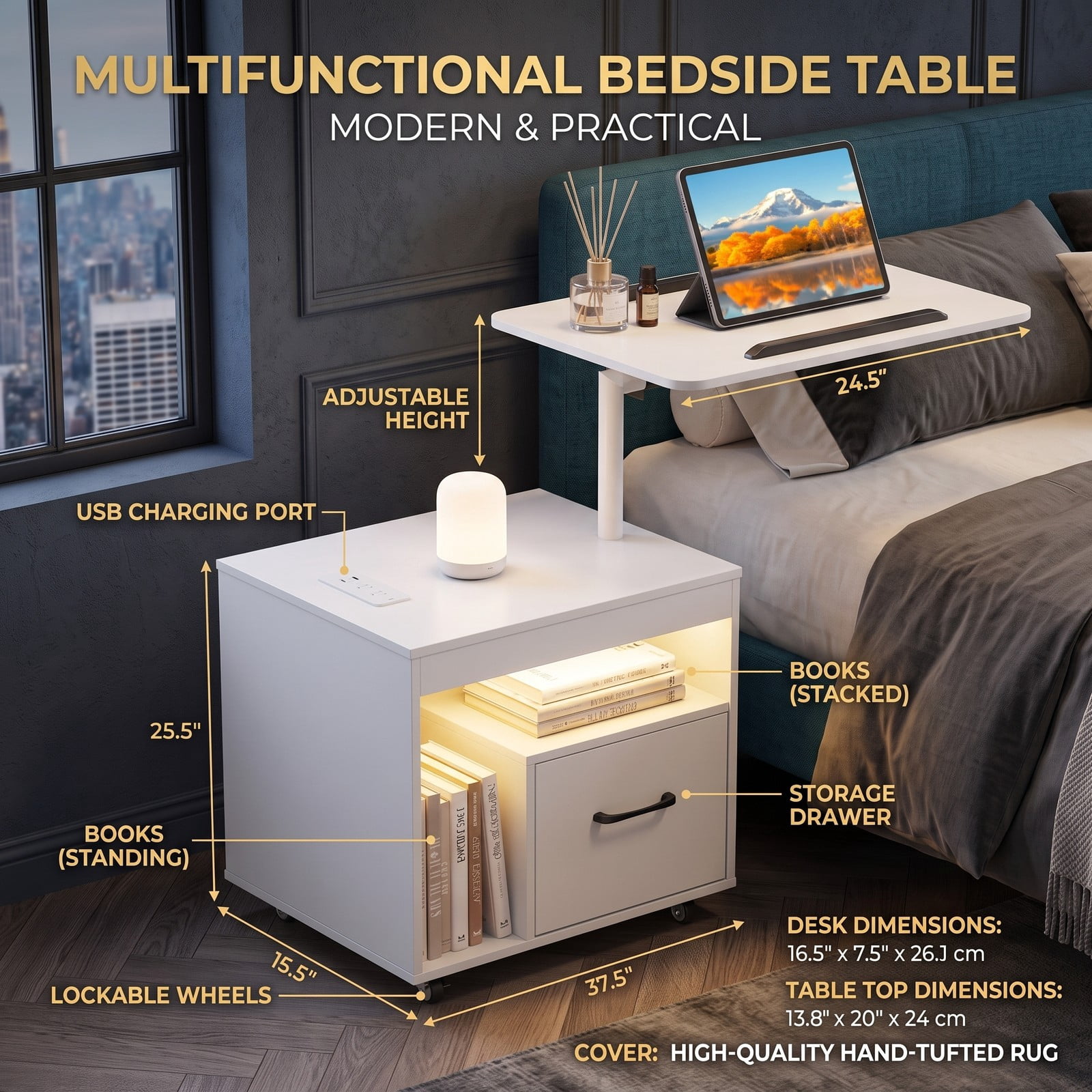 Furnibear LED Nightstand with Charging Station and Flip over Rotatable Tabletop and Drawer for Bedroom and Living Room, Modern Bedside Table, White