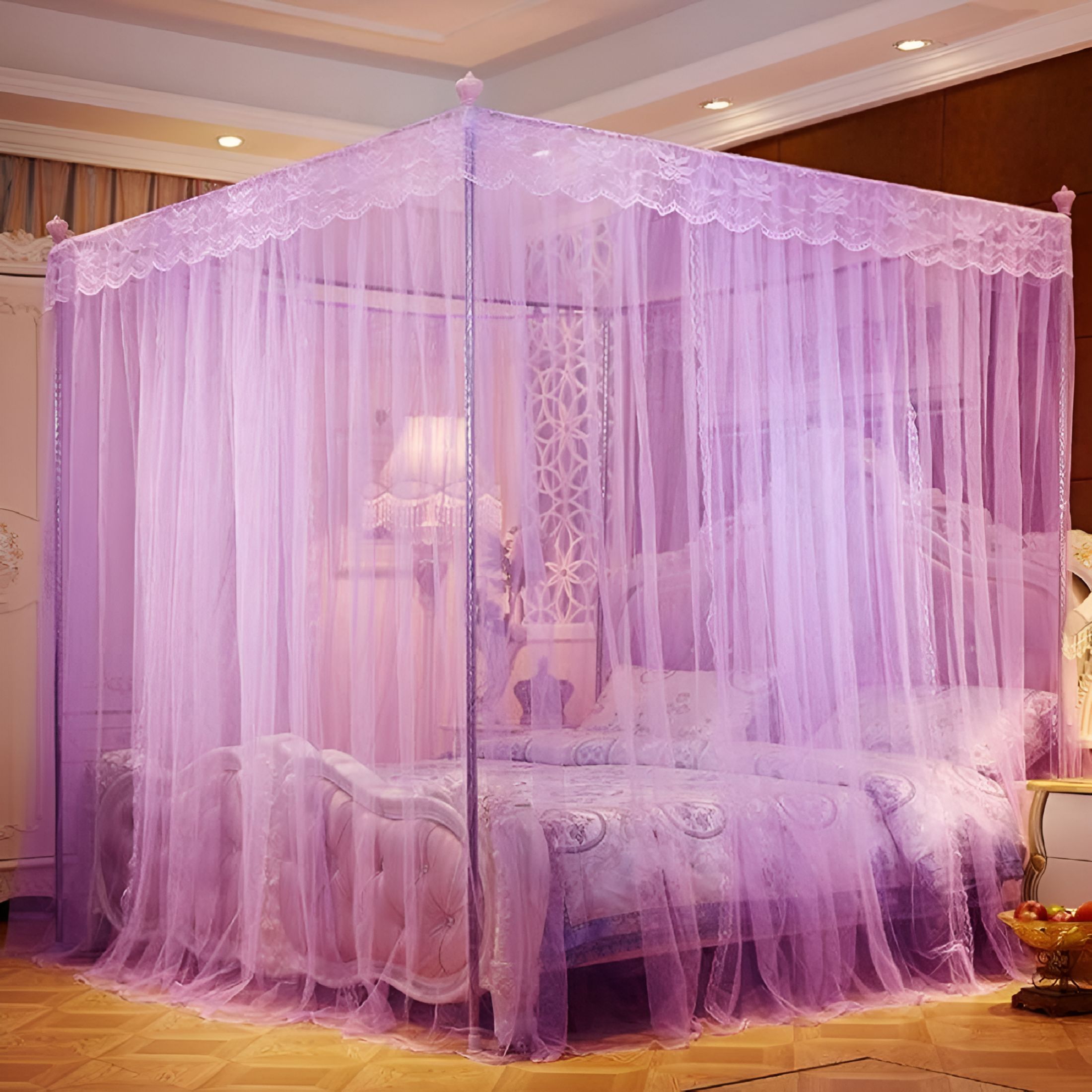 LAMIRO 4 Corners Post Pink Canopy Bed Curtain for Girls&Adults Cute Cozy Drape Square Netting 4 Opening Princess Bedroom Decoration (Queen Purple)