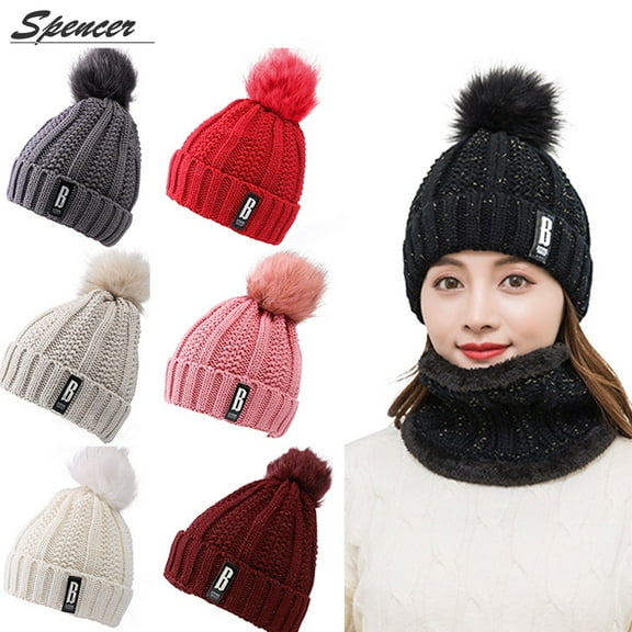 Spencer Winter 2Pcs Pom Pom Cable Beanie Hat Scarf Set Soft Warm Knit Ski Cap Thick Neck Scarf for Women "Wine Red"