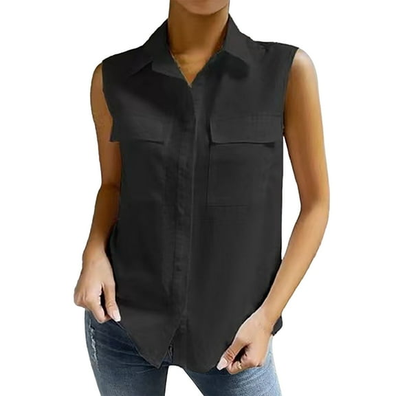 Short Sleeve Tops for Women Summer Fashion Casual Sleeveless Solid Color Large Button Double Pocket Lapel Lined Clothes T-Shirt
