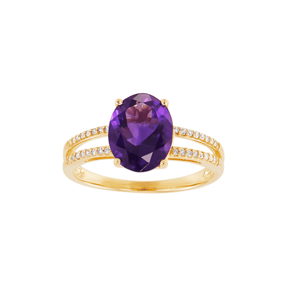 Women's Welry Natural Amethyst Oval-Cut Ring with 1/10 cttw Diamonds in 10kt Yellow Gold
