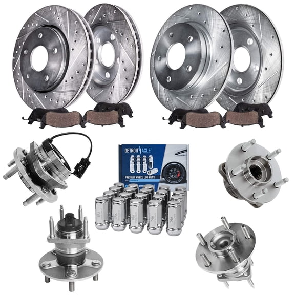 Detroit Axle - Brake Kit for 04-05 09-12 Chevrolet Malibu 06-10 Pontiac G6 07-09 Saturn Aura, 11.65'' Front & 10.63'' Rear Drilled Brake Rotors Ceramic Brake Pads Wheel Bearing Hubs Wheel Lug Nuts