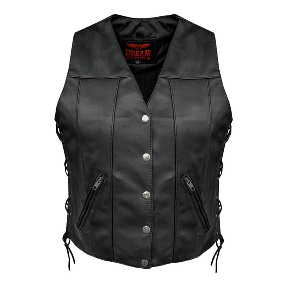 Dream Apparel Womens Motorcycle Leather Vests for Biker Riding Vest With Side Laces genuine leather Black