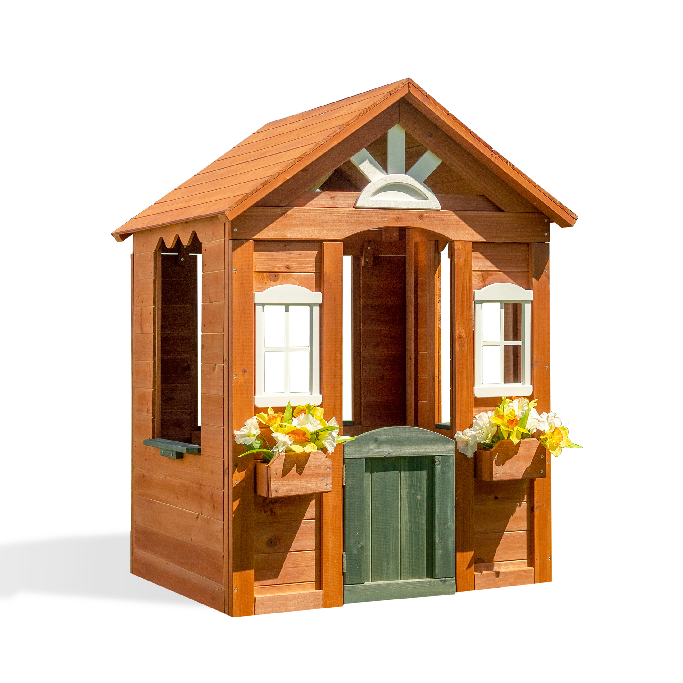 Sportspower Bellevue Kids Wooden Playhouse with Fun Colored Working Front Door, White Trim Windows, and Flower Pot Holders - image 4 of 13