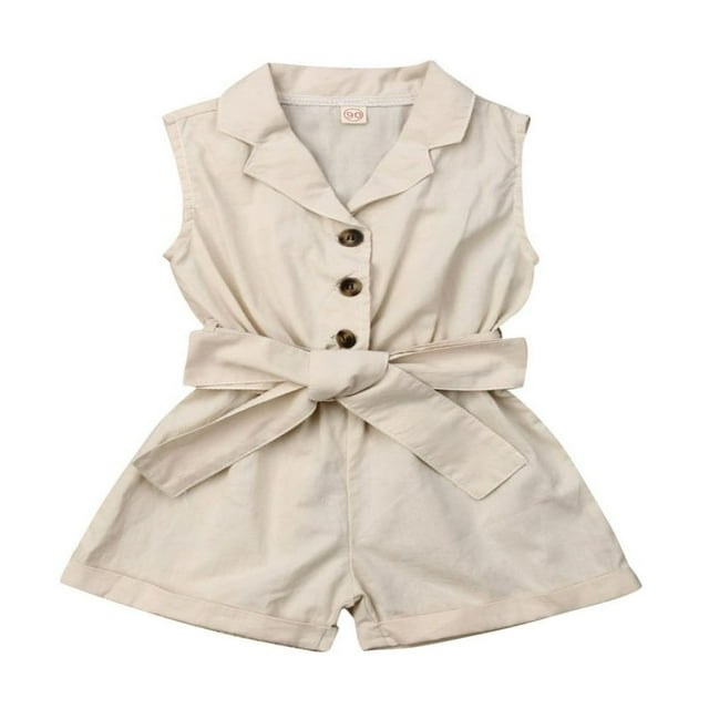 Toddler Kids Girl Button Sleeveless Ruffle Playsuit Jumpsuit Solid Color Bow Romper Summer Baby Clothes Green 5-6 Years