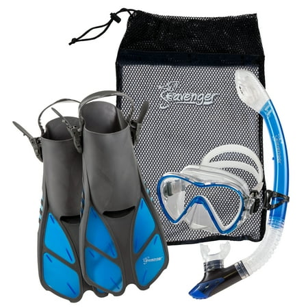 Mask Snorkel Gear (Seavenger Diving Set with Silicone Mask, Trek Fins / Flippers, Dry Top Snorkel and Quick Dry Gear Bag (Gray/Clear Silicone/Blue,)