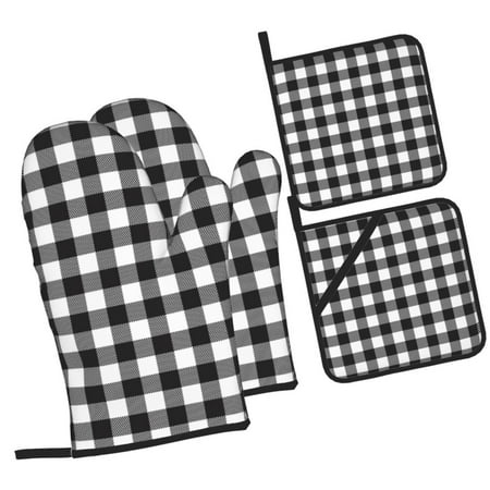 

Zufioo Black White Plaid Oven Mitts and Pot Holders 4pcs Set Kitchen Oven Glove High Heat Resistant 500 Degree Extra Long Oven Mitts for Kitchen Baking Cooking