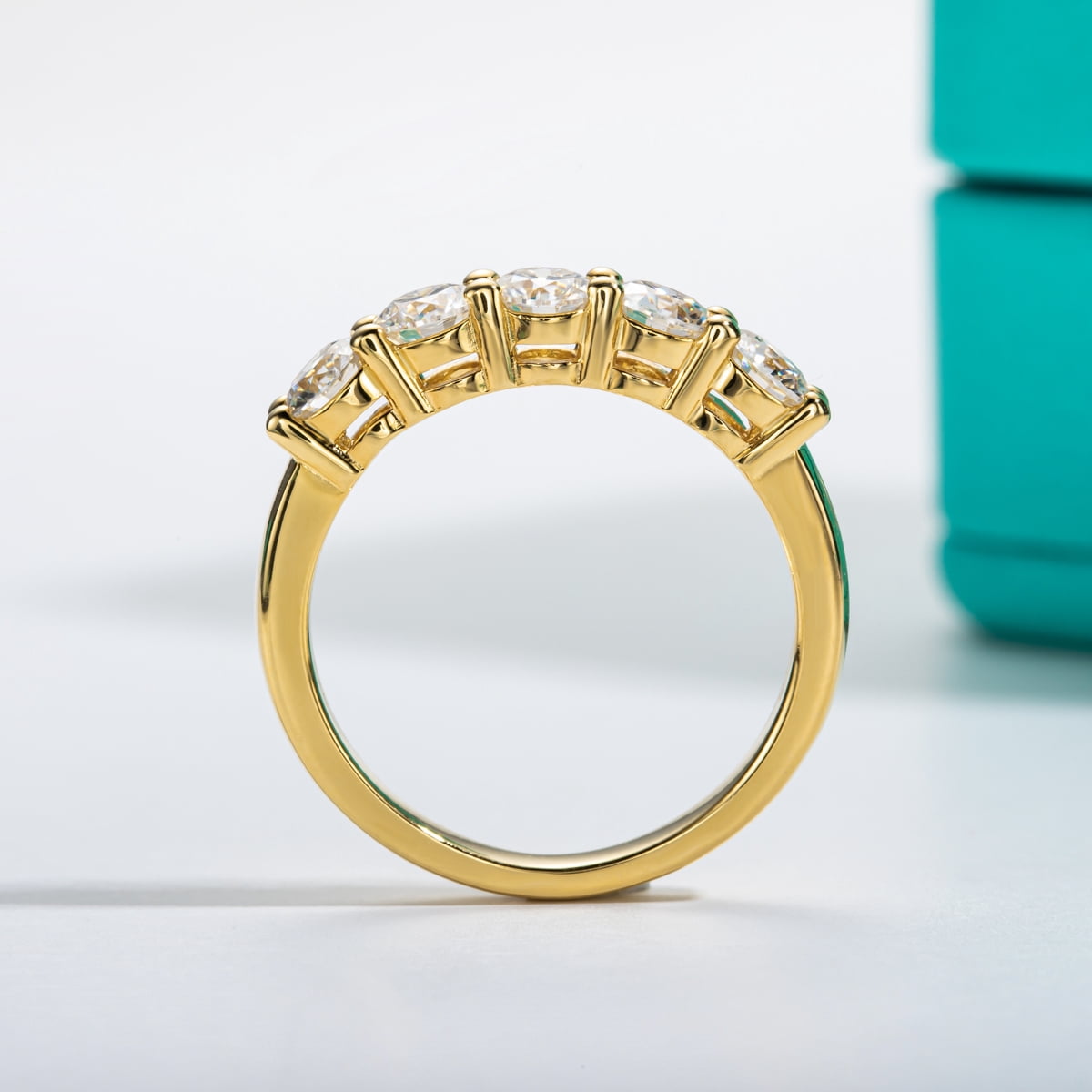 AnuClub 5 Stone Moissanite Eternity Wedding Band 1.5cttw D Color Moissanite 14K Gold Plated 925 Sterling Silver Rings for Women with Certificate