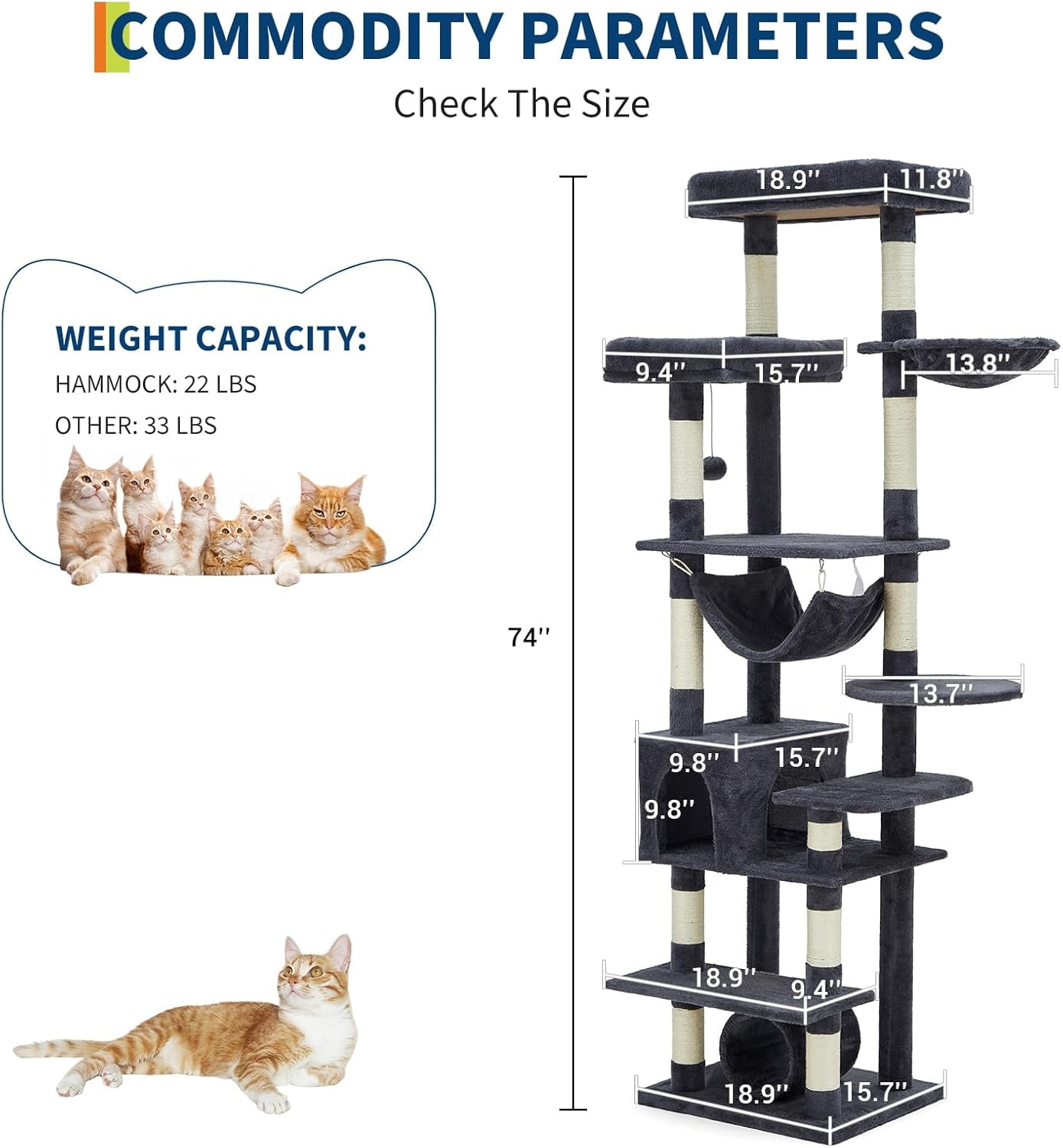 Historyli Large Cat Tree for Big Cats-74Inch Multi-Level Tower with Scratching Posts,Condo,Perches,Hammock,Tunnel & Feeding Station-Dark Gray