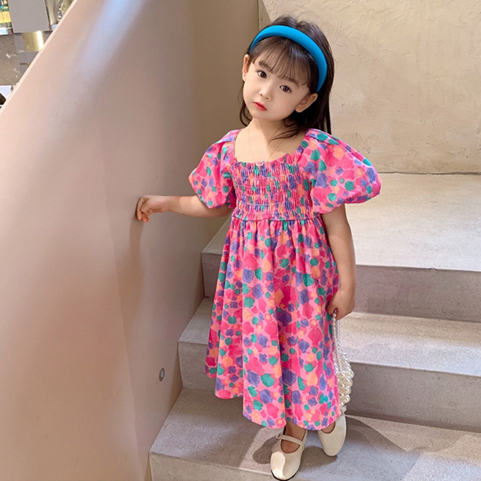 TAIAOJING Baby Girl Summer Dress Toddler Kids Puff Sleeve Floral Pattern  Backless Princess Outfits Dresses 1-2 Years 