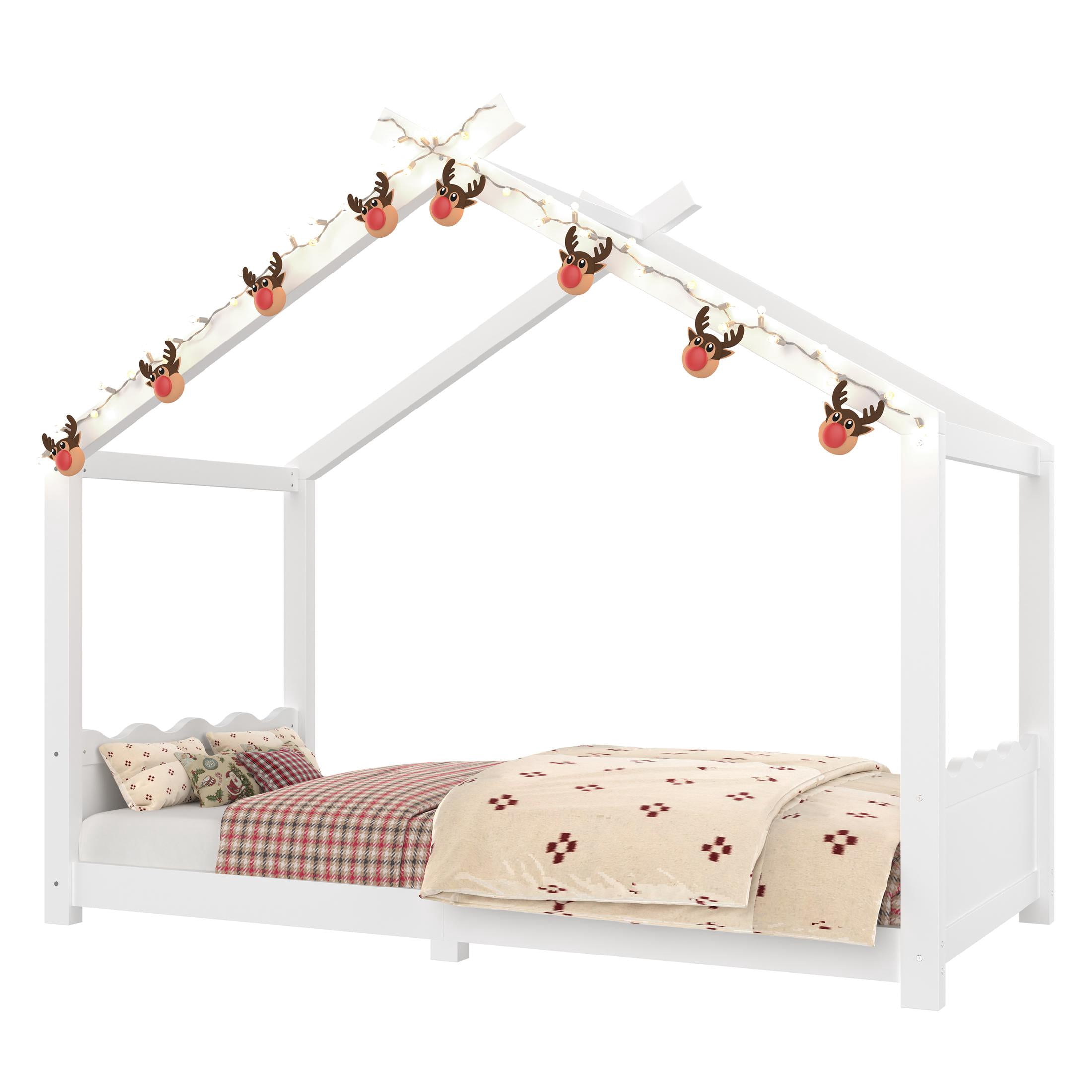 ENYOPRO House Bed with Fence,Solid Wood House Bed,Floor Bed Frame,Twin Canopy Bed for Bedroom, Twin House Floor Bed with Support Slats(White)