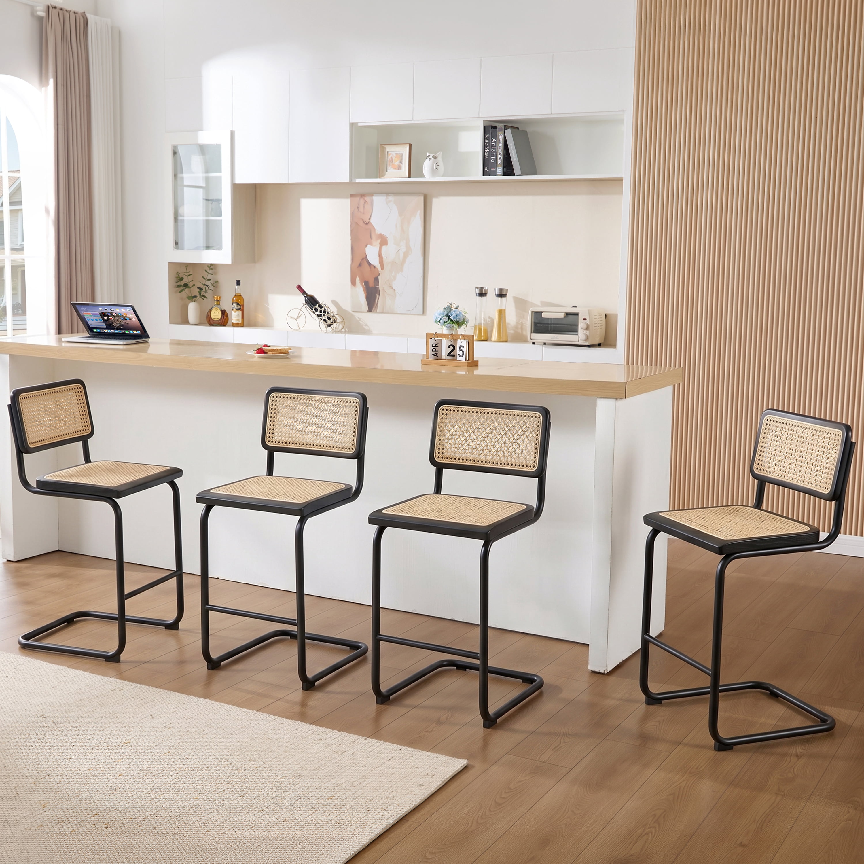Zesthouse Rattan Counter Height Bar Stools Set of 2, 24.8" Counter Height Chairs with Cane Back, Mid Century Modern Barstools for Kitchen Island, Black