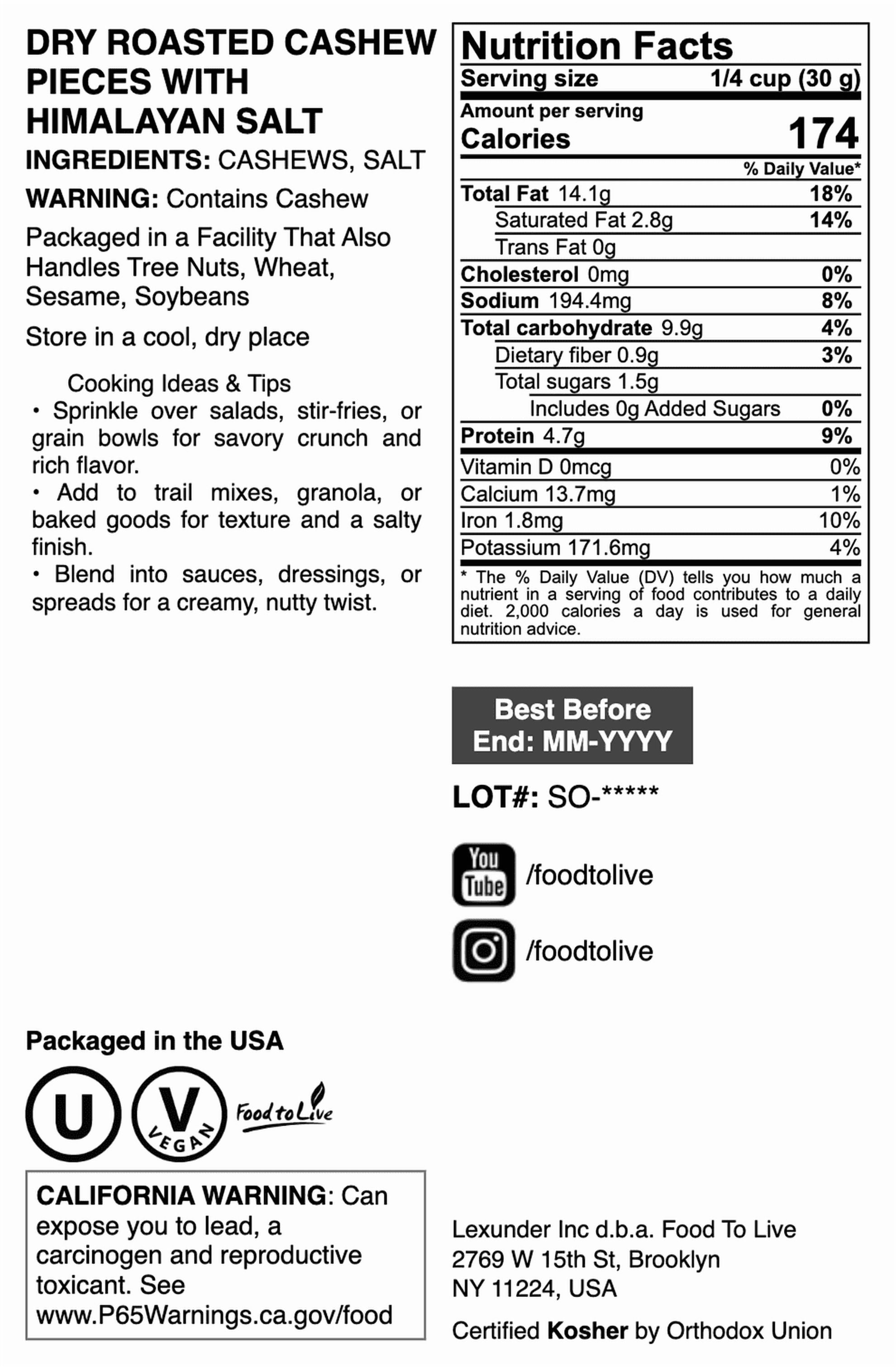 Dry Roasted Cashew Pieces with Himalayan Salt, 3 Pounds – Vegan Snack, Keto, Kosher
