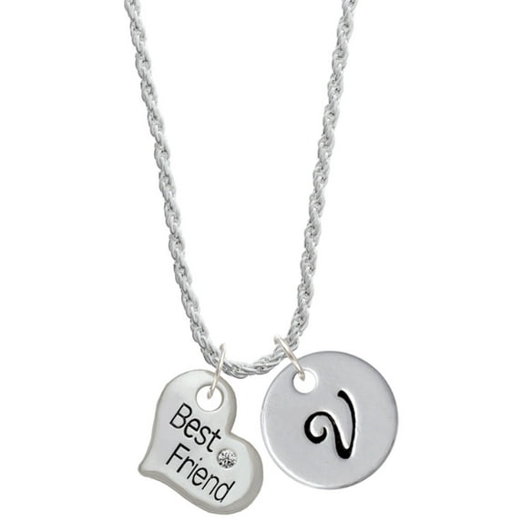 Delight Jewelry Silvertone Large ''Best Friend'' Heart Silvertone Script Initial Disc - V - Charm Necklace, 20"+3"