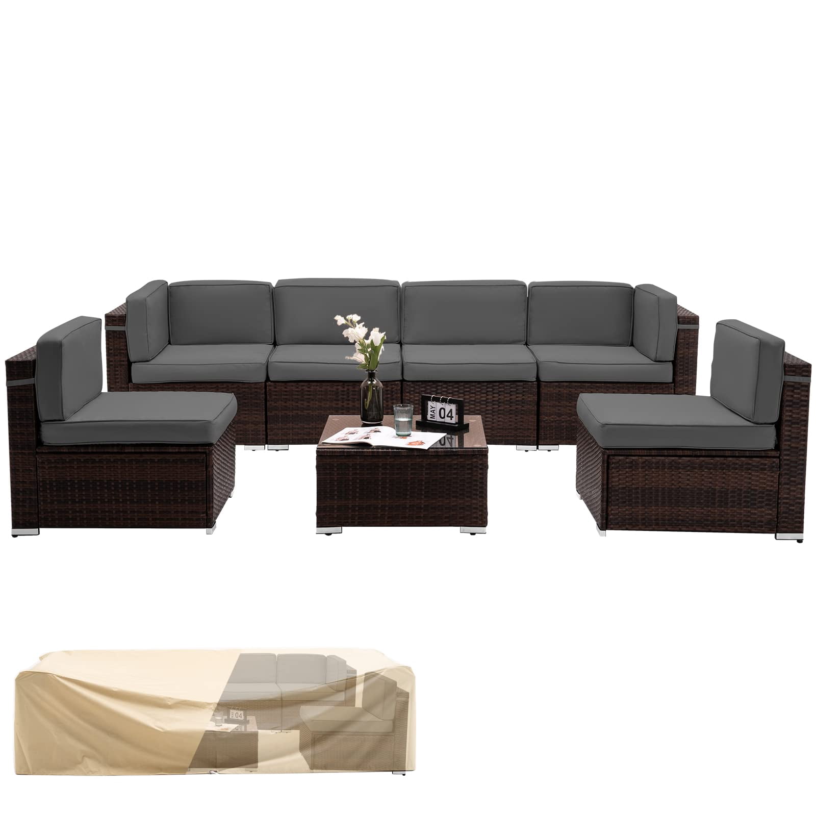 Amopatio 7 Pieces Patio Conversation Set, Outdoor Sectional PE Rattan Wicker Furniture Seat,Grey
