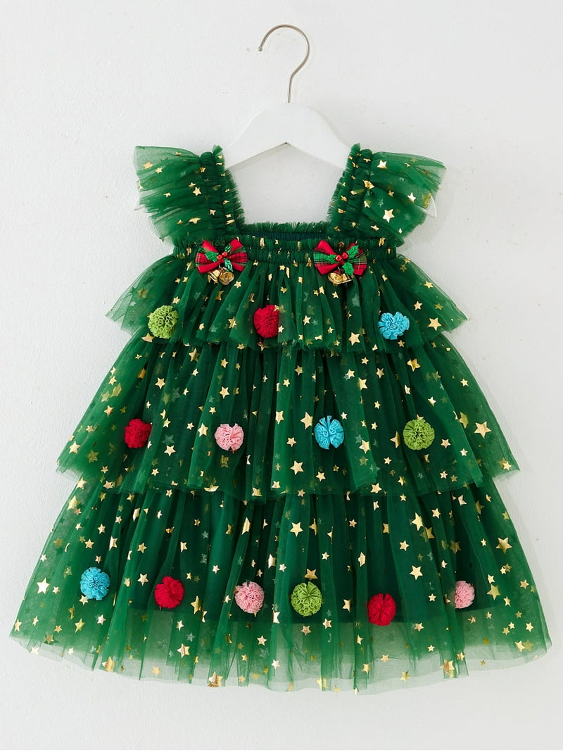 white christmas dresses Red Embroidered Christmas Tree Tulle Dress