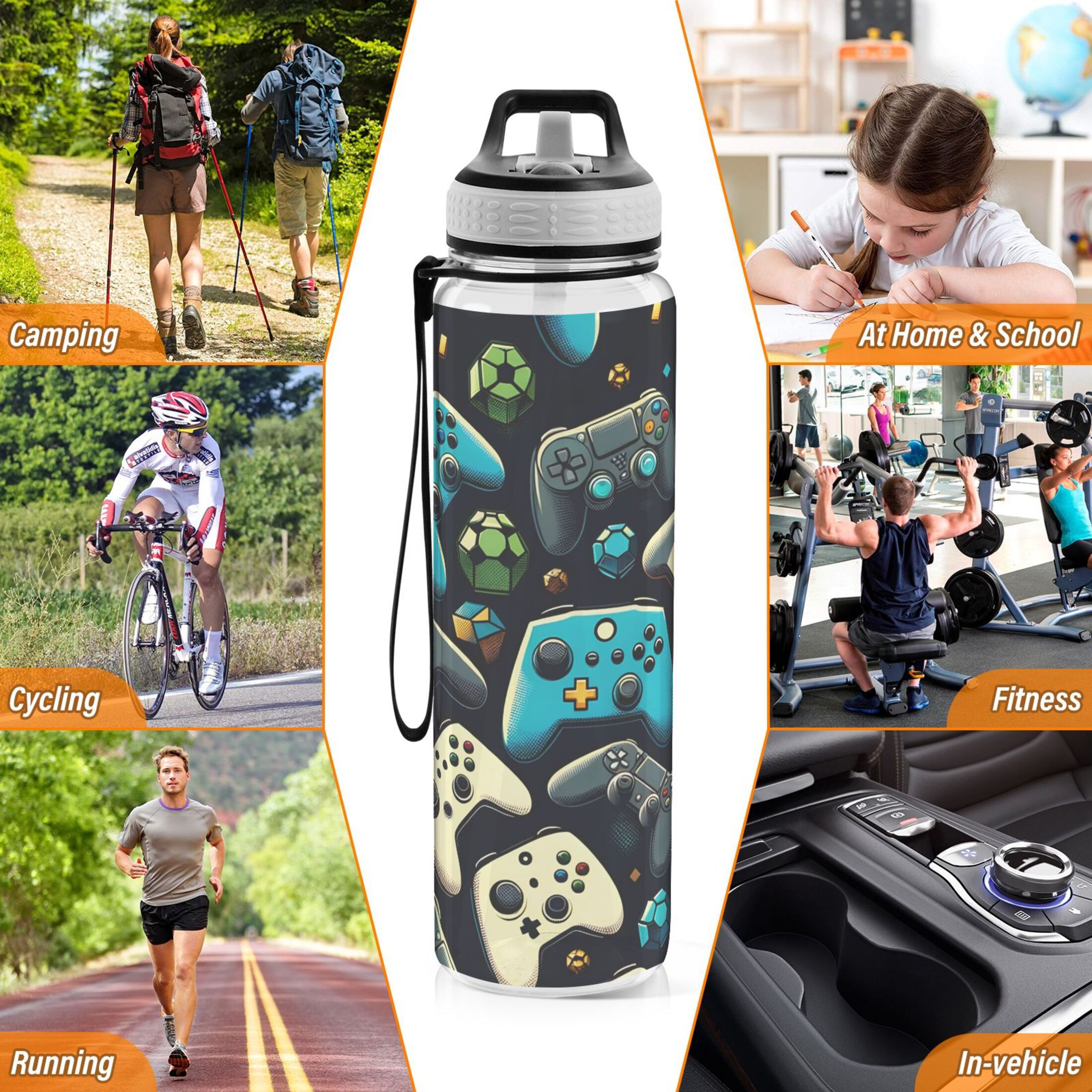 Gaming Controller Sports Water Bottle with Straws 32 Oz Tritan Clear Bottles BPA Free Leakproof Cup for Outdoor School Gym Fitness