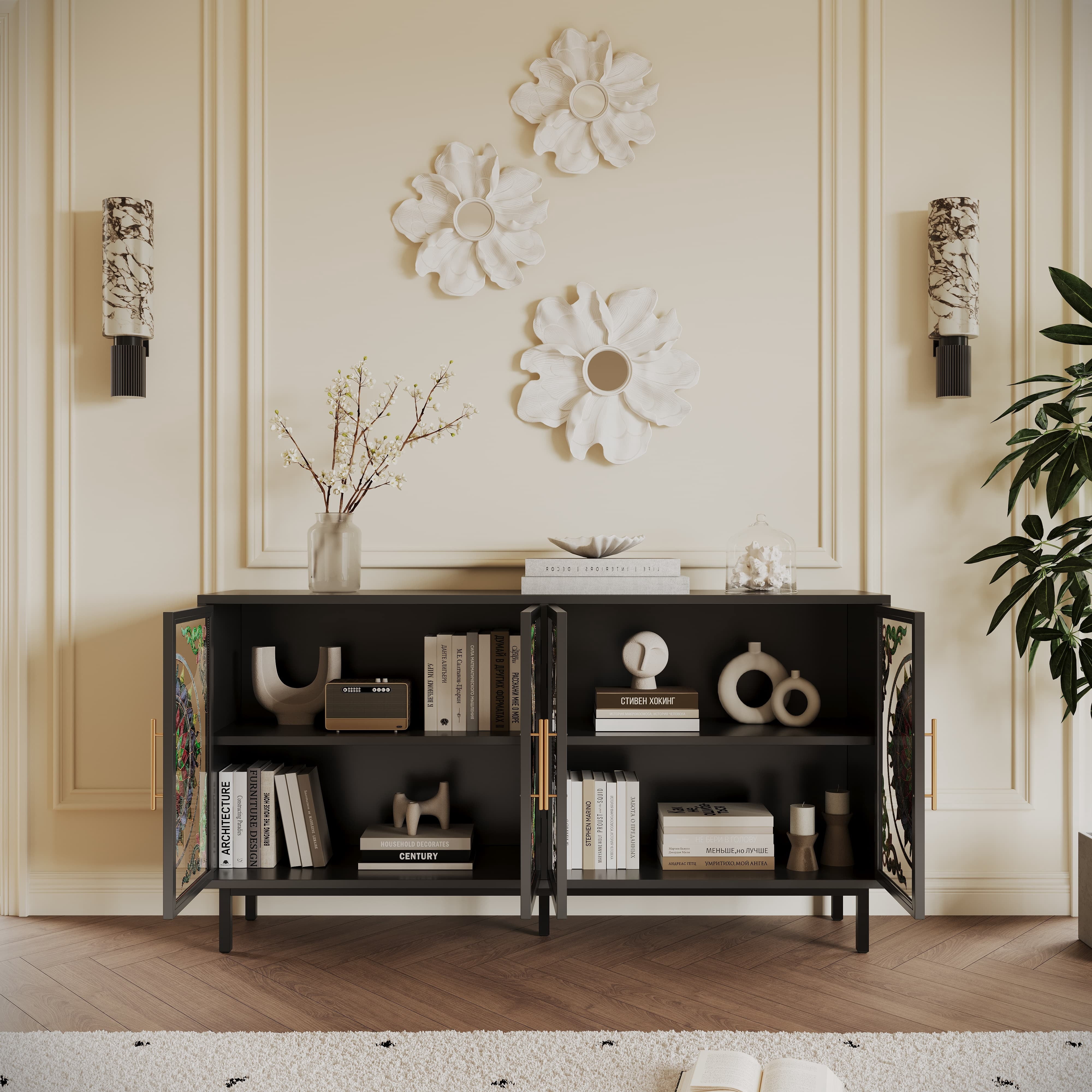 Aukfa Modern Accent Cabinet with Stained Glass Doors,Decorative Storage Sideboard for Living Room/Dining Room/Entryway,Black