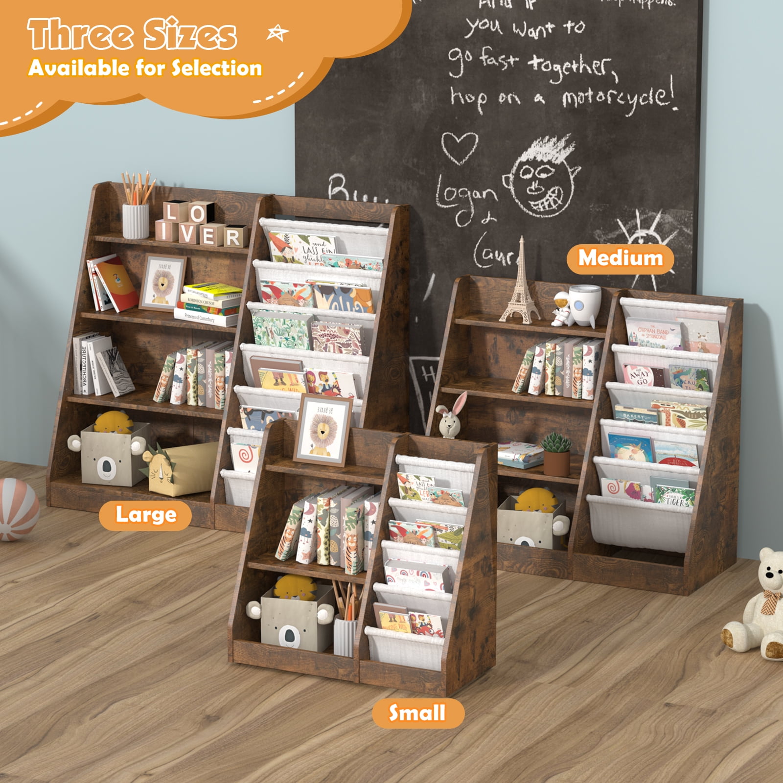 Hironpal Large 6 Layer Sling Kids Bookshelf, 4 Tier Wooden Children Toy Organizer Cabinet for Playroom Nursery Classroom Library