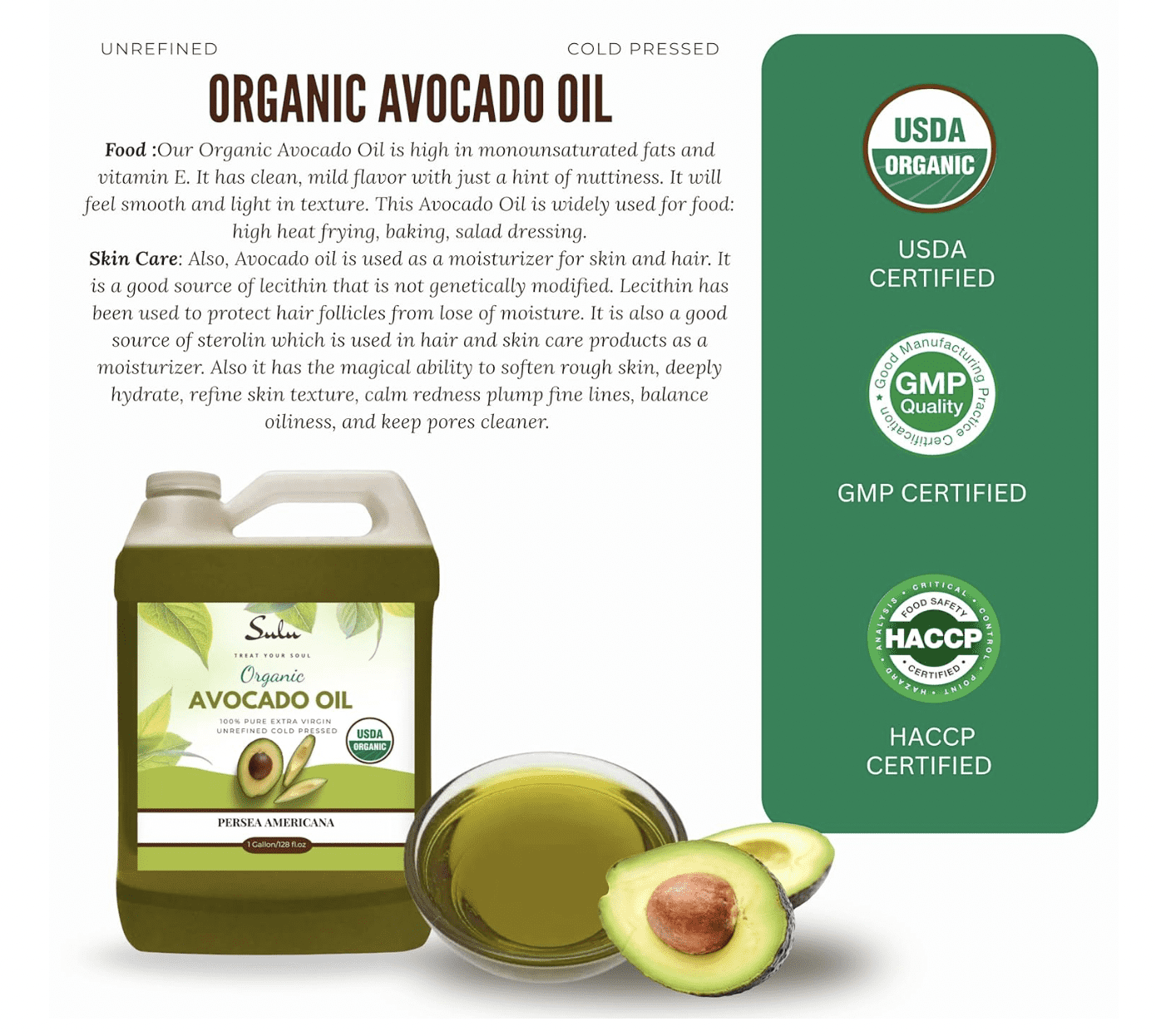 1 GALLON Unrefined Organic Extra Virgin Cold Pressed Fresh Avocado Oil 100% pure high quality oil