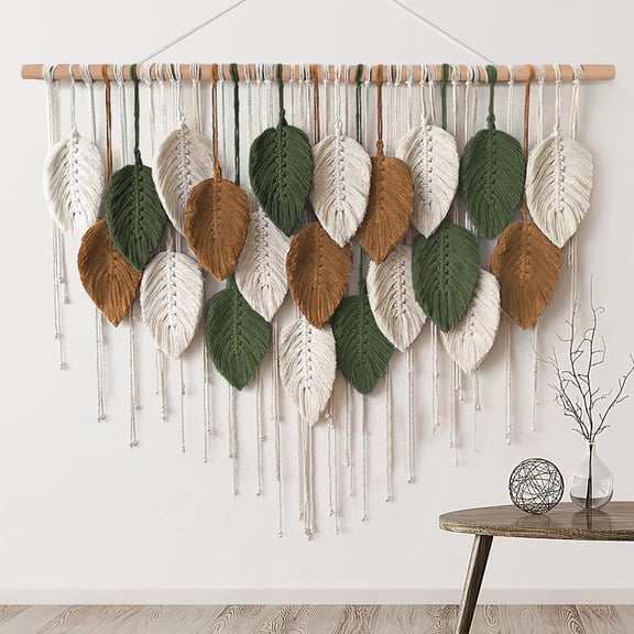 Large Macrame Wall Hanging – Boho Woven Tapestry, Chic Home Decor, Modern Bohemian Handmade Leaf Feather Wall Art for Apartment, Dorm, Living Room, Bedroom,
