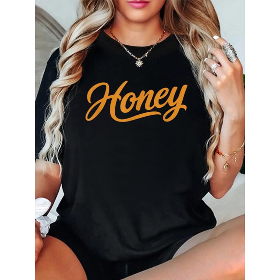 Honey Casual Women's Fashion Concert Shirt T-Shirt casual short sleeve crew neck cotton tee tops for women