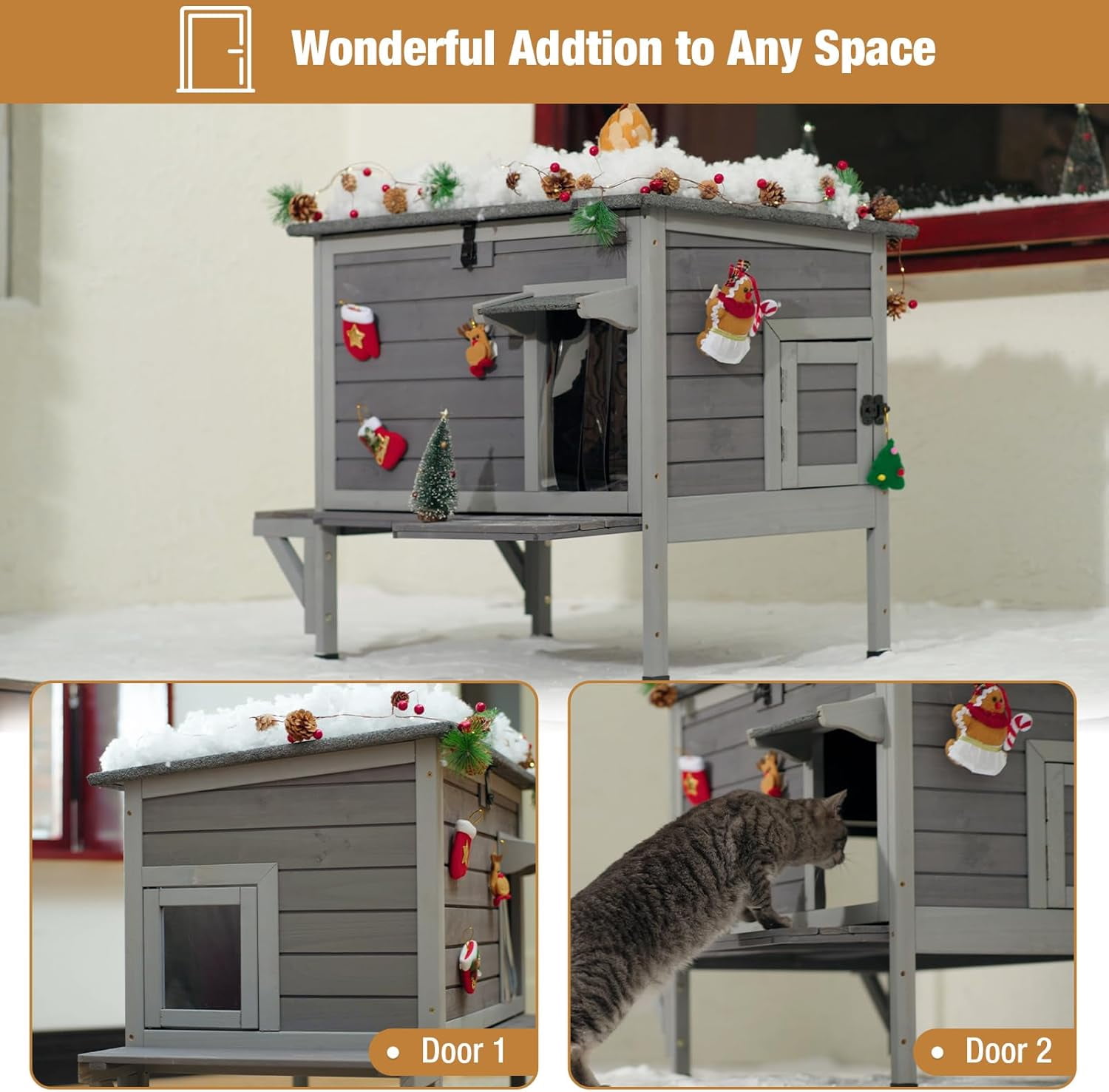 MEDEHOO Outdoor Cat House Insulated, Weatherproof Feral Cat Shelter for Winter Cat Condos for Outdoor Cats-100% Insulated Liner