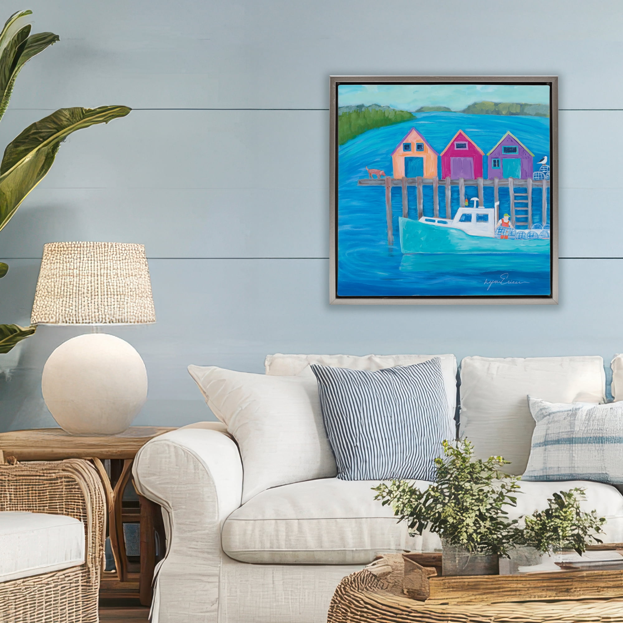 Stupell Industries Work Day at Seaside Village Gray Framed Floater Canvas Wall Art, design by Lynn Ericson Fine Art
