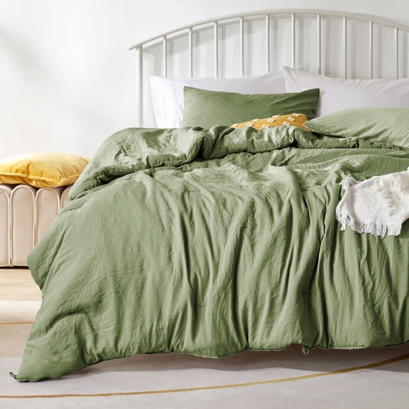 Sonive Washed Comforter Sets Queen 3 Piece, Soft and Cozy, Fluffy Microfiber Fill, Washed Textured Wrinkled Design (Loden Green, Queen)