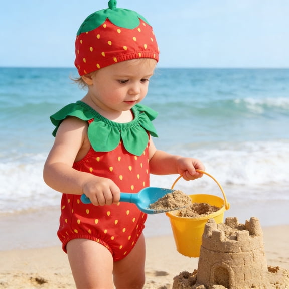 Baby Boy Swimsuit Unisex Strawberry Print One Piece with Cap Baby Boy Bathing Suit Red 0-3 Months
