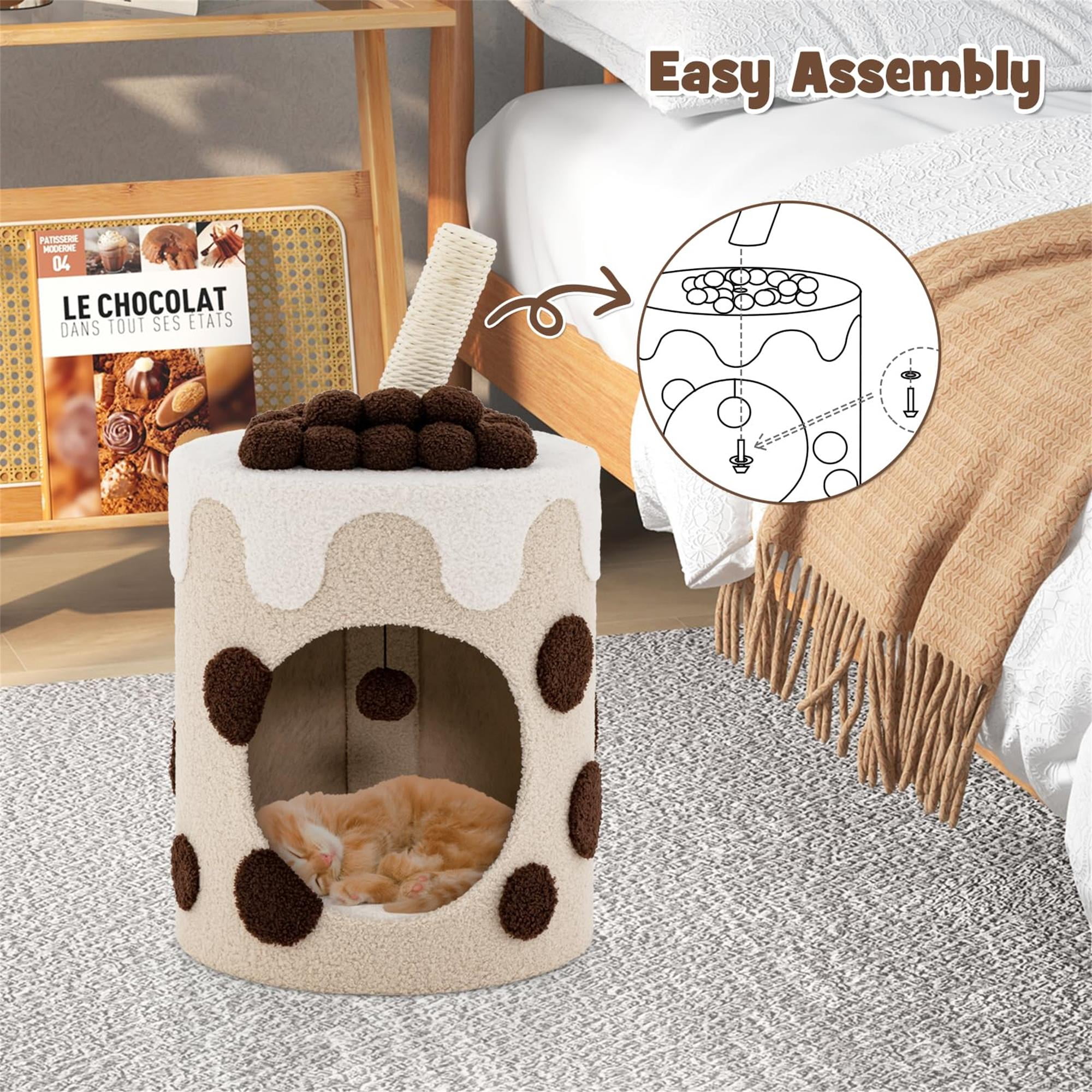 Kadyn 27" Cat House for Indoor Cats with Scratching Post, Cat Cave Bed, Cat Condo Modern Cat Nest Cute Cat Shelter, Coffee and Beige