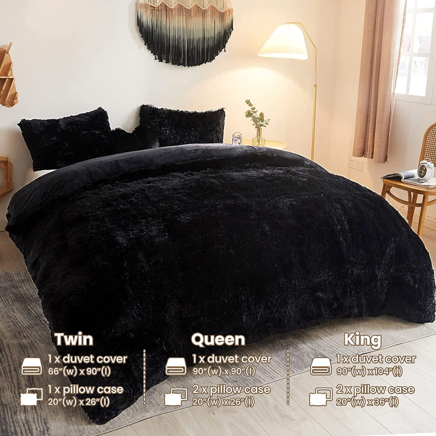 Sanmadrola Bedding Comforter Sets Bed in a Bag Queen Size Shaggy Plush Faux Fur Fluffy Bedding Sets Duvet Cover Soft Velvet Fuzzy Quilt Cover with 2 Pillow Cover Black
