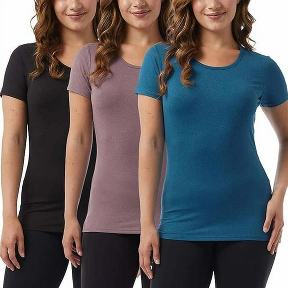 32 Degrees Ladies' Scoop Neck Short Sleeve Cool Tee, 3-pack (Black/Teal/Purple, Large)