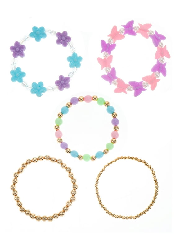 Wonder Nation Girls Butterflies & Flowers Beaded Stretch Bracelets, Pastel Multicolored, 5 Pieces