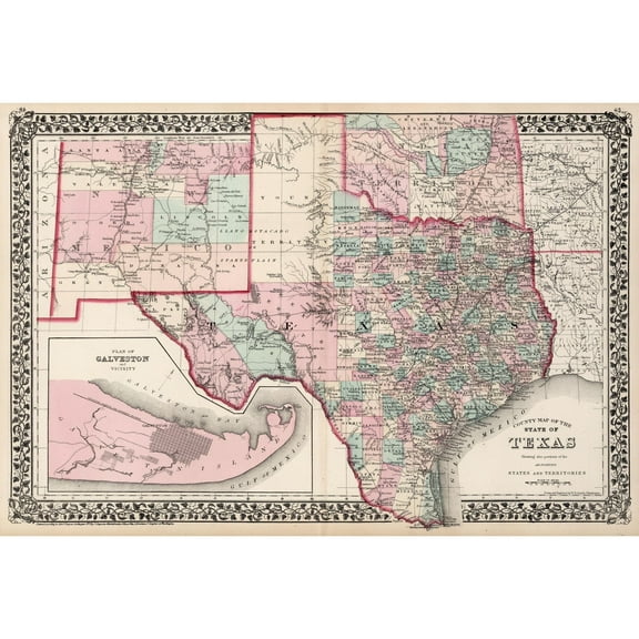 Historic State Map - Texas Counties - Gamble 1876 - Vintage Wall Art