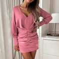 thumbnail image 6 of LLYwey Deals Clearance Wedding Dresses for Women Bride Fashion V Neck Solid Color Shirring Long Sleeve Slim Dress New Party Dresses Pinks L, 6 of 9
