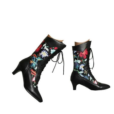 

Mepaouo Women s Cowboy Boots Lace up Block Heel Cowgirl Chelsea Western Mid Calf Booties(Black 10)