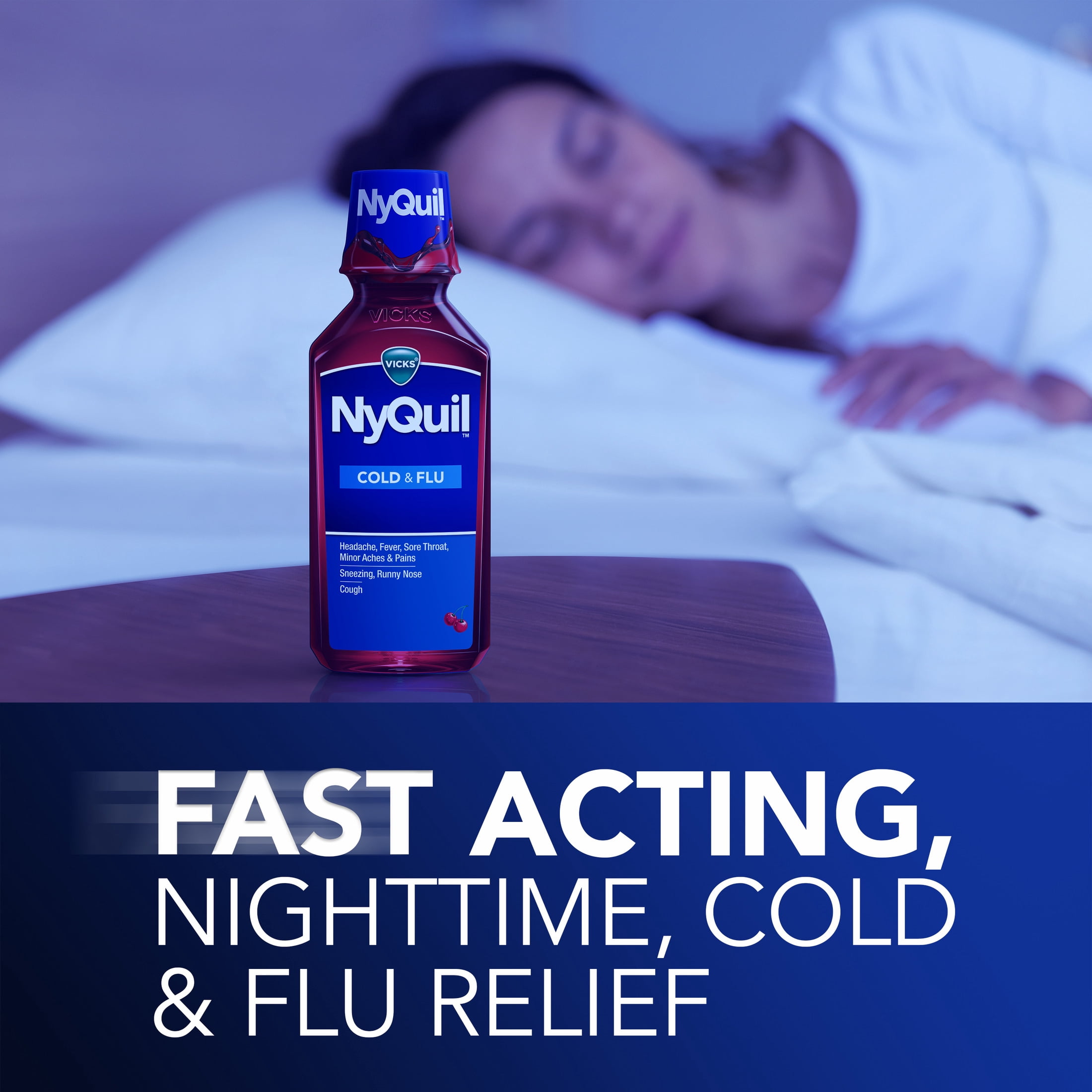 Vicks NyQuil Cold & Flu Liquid, Nighttime Cold and Flu Medicine, Cherry, 12 fl oz