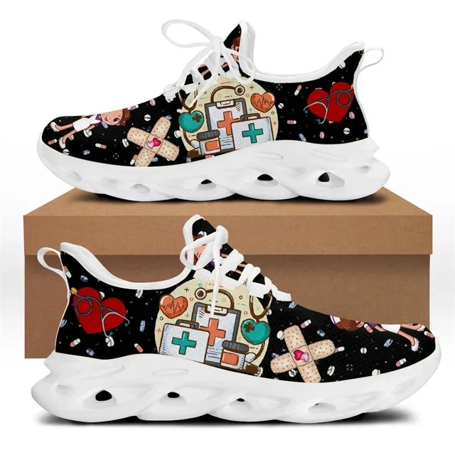 Zapatillas blancas de enfermería para mujer, con estampado de dibujos animados de enfermera y doctor, ligeras, con cordones, para deportes al aire libre y correr.