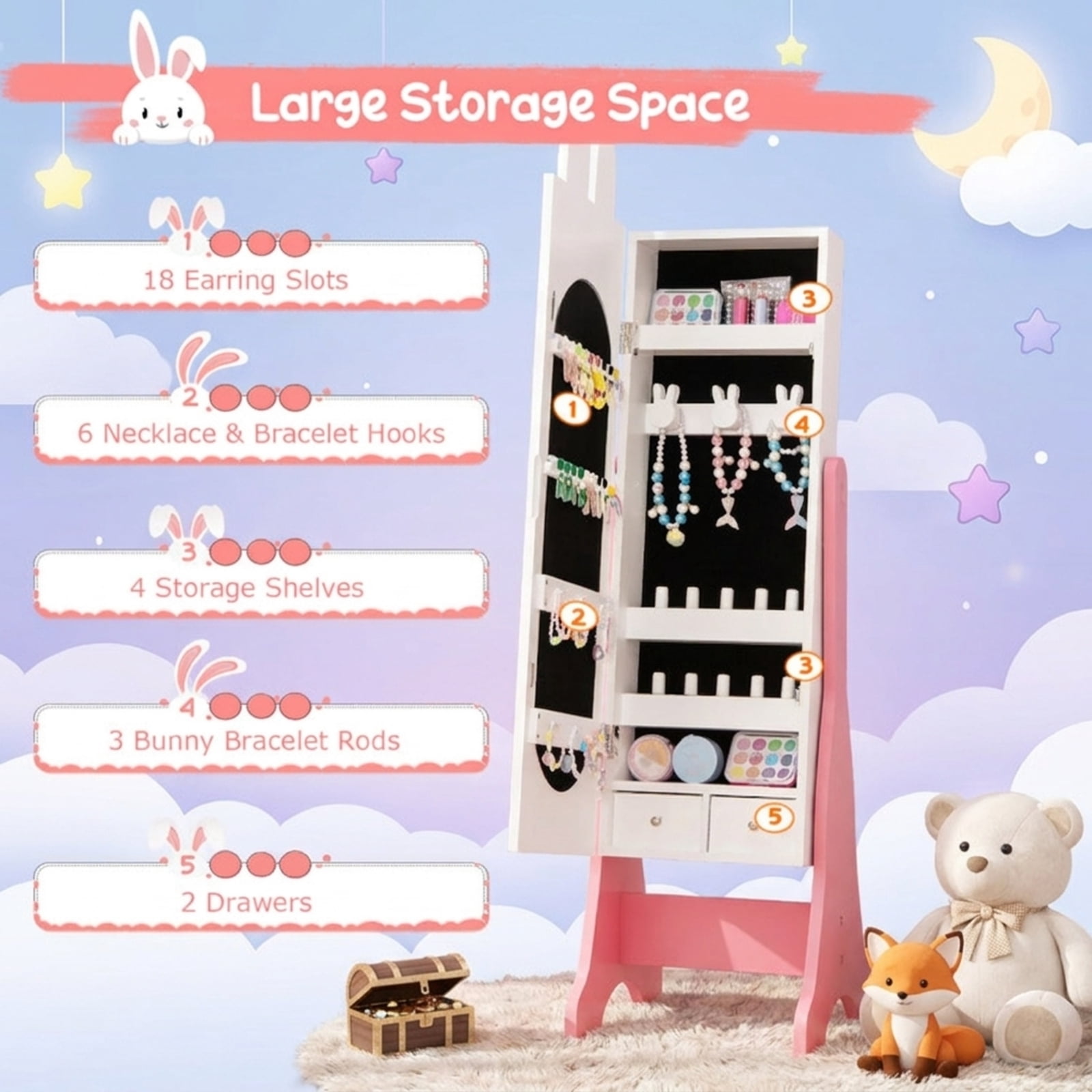 Furnibear Kids Vanity Table and Chair Set with Princess Dressing Table Jewelry Armoire and Mirror for Bedroom Pretend Play Makeup, White