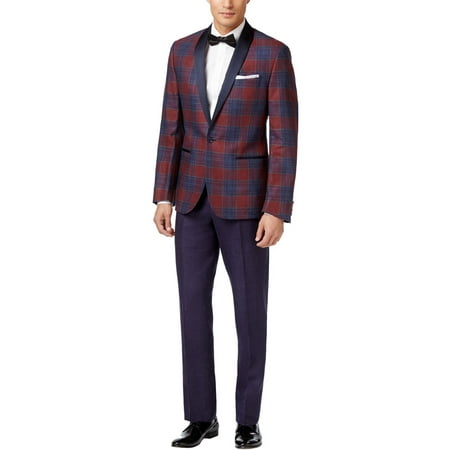 - RYAN SEACREST Slim Red and Purple Plaid Linen Tuxedo 38 Long 38L Pants 31W
