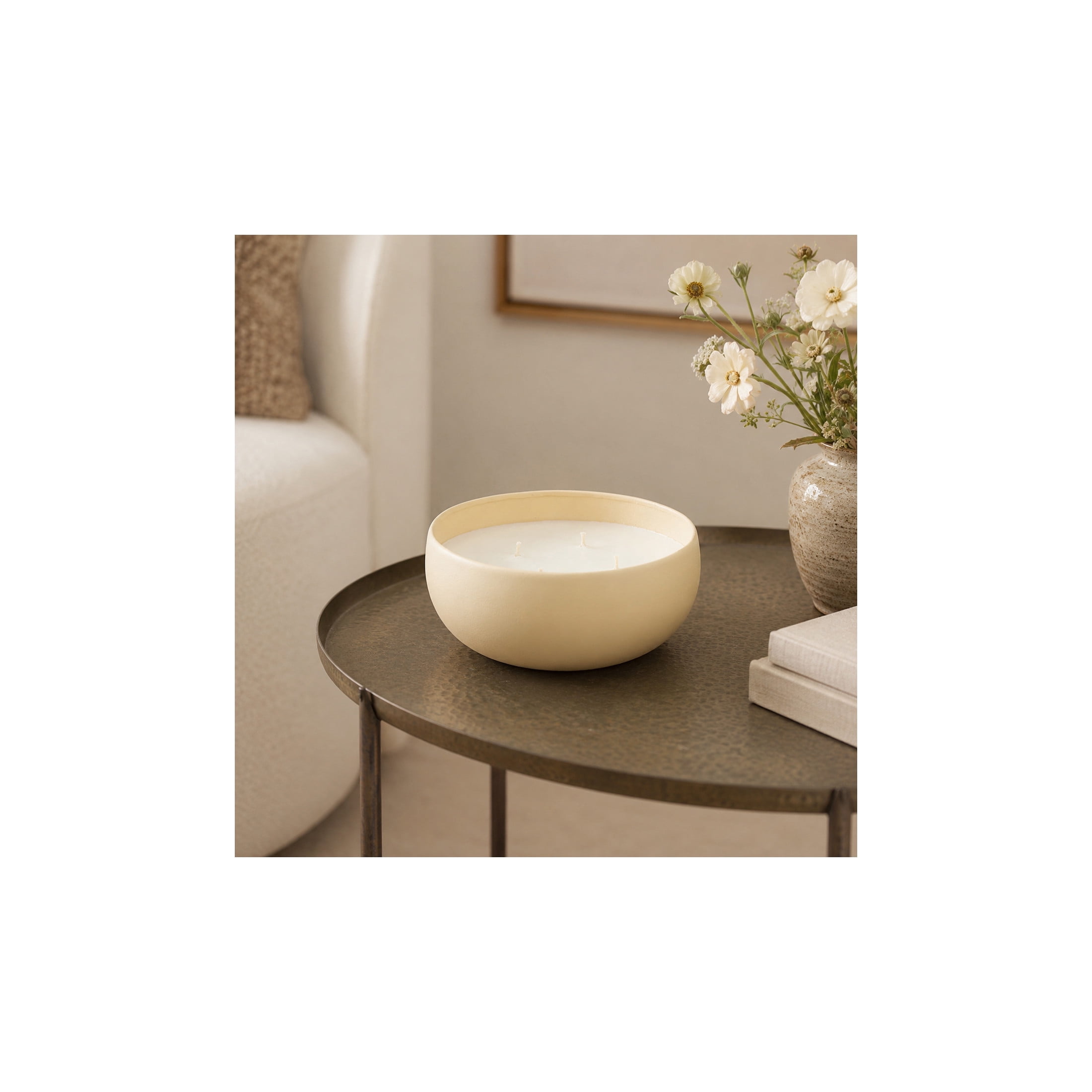DecMode Beige Metal Rose Blossom & Sandalwood Scented Textured 34oz 4 Wick Candle with White Wax