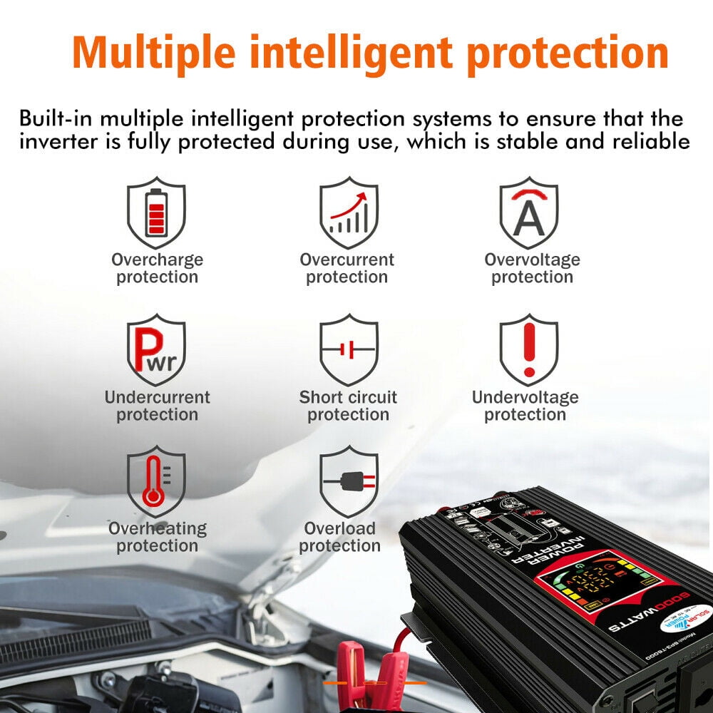 MDHAND 3000W 12V Pure Sine Wave Battery Converter DC 12V to AC 110V with Built-in 2 USB port,1 Socket,LCD Display and 1 Cigarette Lighter Adapter Solar Power Inverter