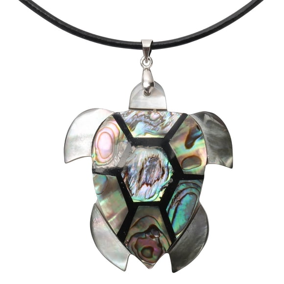 YACQ Hiddleston Womens Abalone Shell Turtle 925 Sterling Silver Black leather Cord Pendant Necklace 18+2 inch