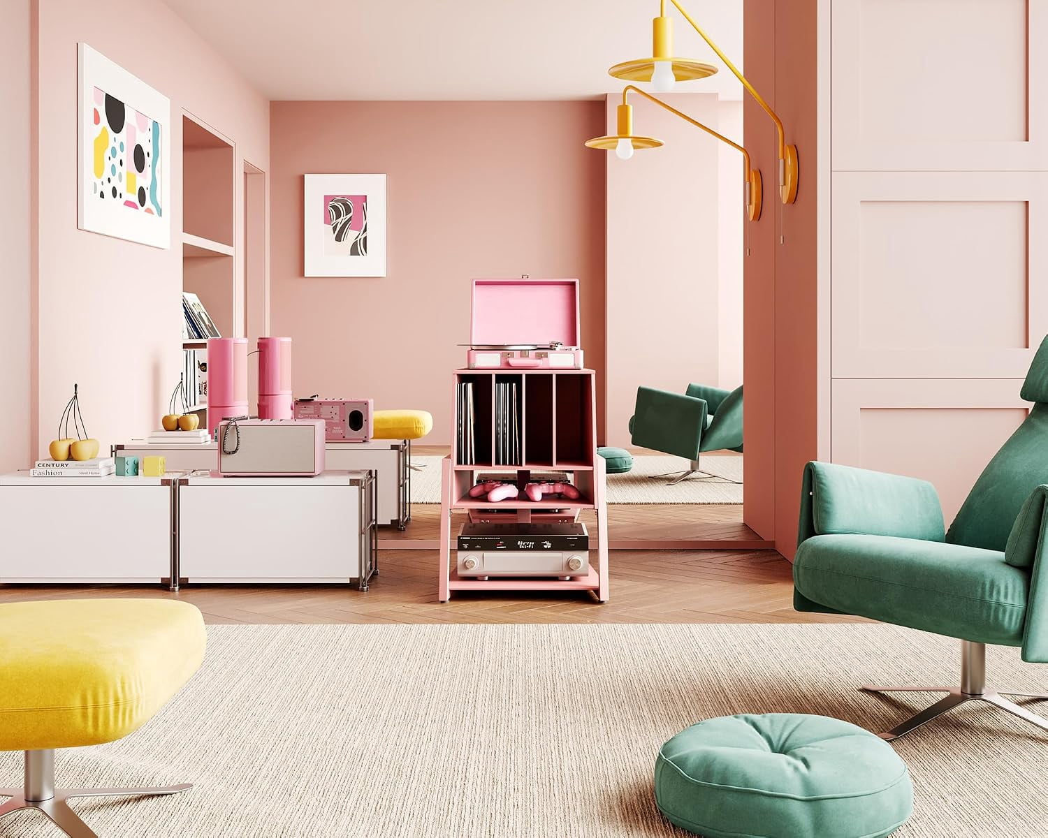FITUEYES Record Player Stand with Vinyl Storage, Holds up to 120 Records, Pink, Eiffel Series